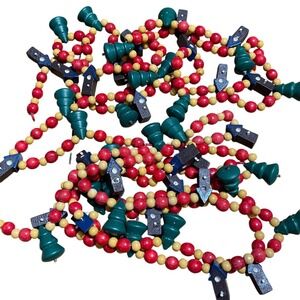 VTG Wood Bead Christmas Garland Trees Birdhouse Red Green‎ Hand Painted 12FT